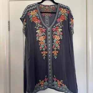 Johnny Was size Large shirt, blue with floral design.